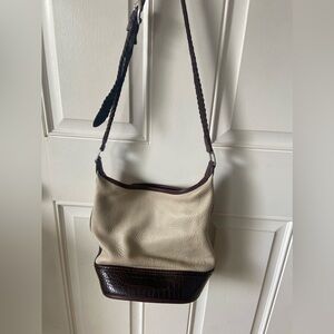 Brighton Bucket Bag Beige Pebble Brown Croc Leather Braid Strap Handbag Shoulder